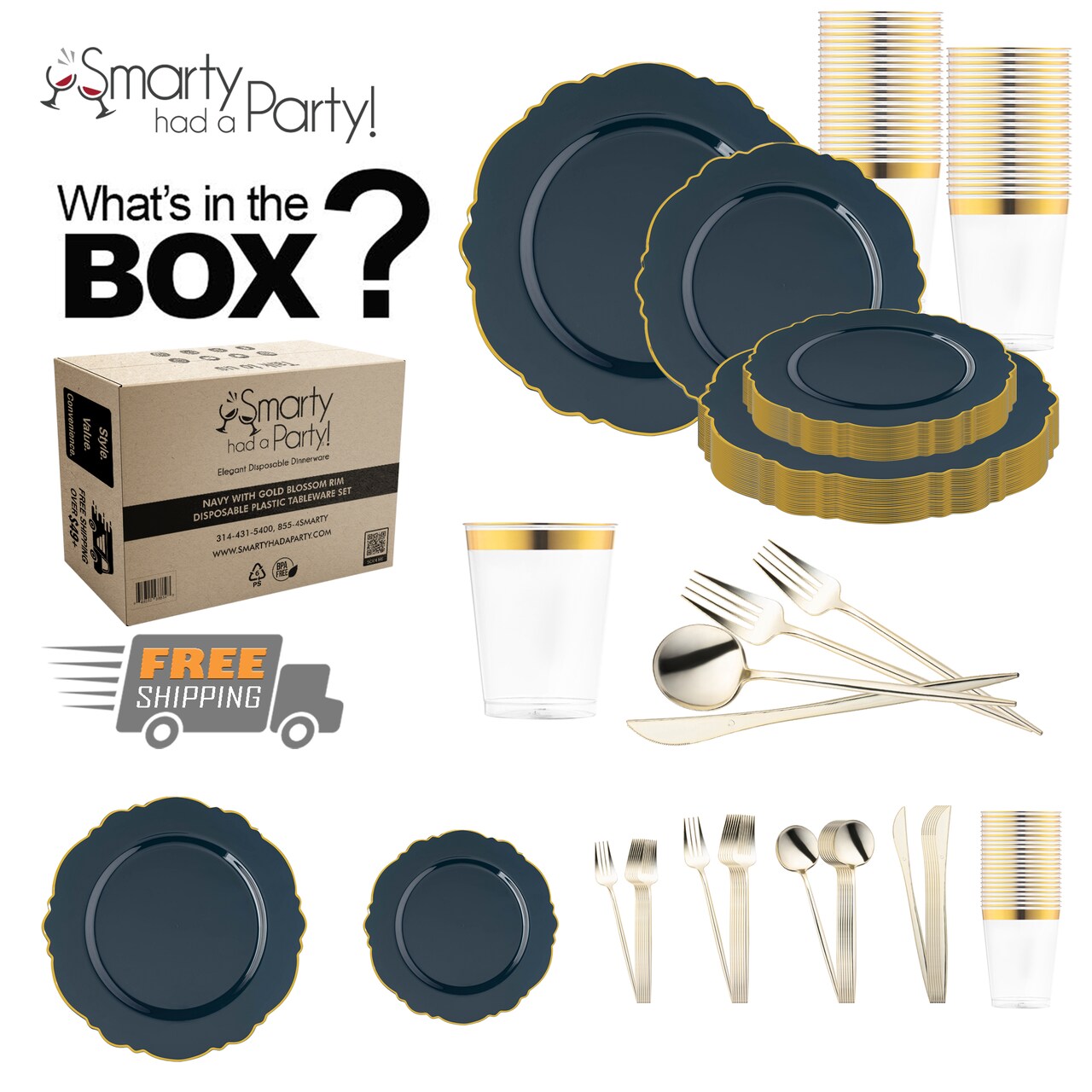 Navy with Gold Blossom Rim Disposable Plastic Tableware Set (120 Settings)